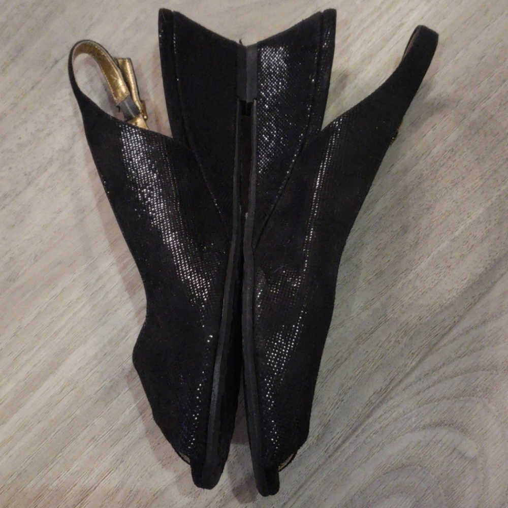 Ron White peep toe slingback wedge, black, 7-1/2